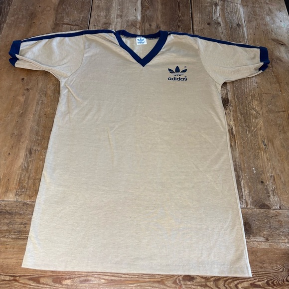 Vintage Adidas Trefoil Ringer V Neck Tan Blue T-Shirt 
USA Single Stitch - Picture 2 of 9